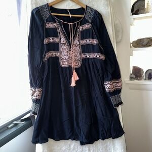 Embroidered Navy Blue Tunic Top